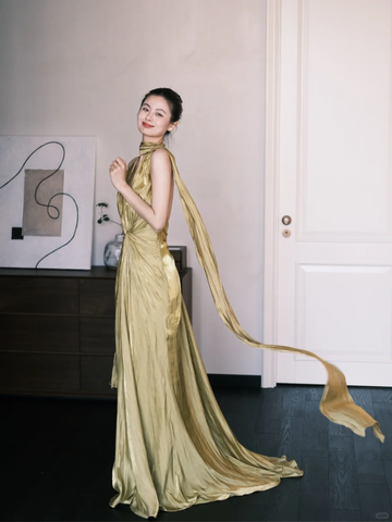 Simple Olive Green A Line V Neck Pleated Satin Prom Dress Party Dresses HZ1023